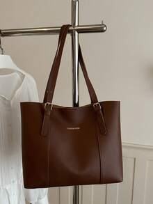 Women's Tote Bag, Solid Color, Large Capacity, College Style Tote Bag - Brown - View 8