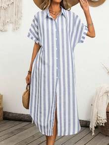 Vestido camisa casual de mujer de manga murciélago con rayas y abotonadura sencilla - Azul - Ver 4