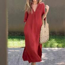 Women's Summer Bestseller Dress With Side Slits, V-Neck, 7/8 Sleeves, And Pleated Bust - 黑色 - 查看 2
