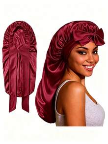CONFLASS 1pc Women's Adjustable Satin Bow Long Sleeping Cap, Suitable For Braided And Curly Hair, Plus Size With Drawstring Design, Ideal For Overnight Hair Care - Multicolor - View 6