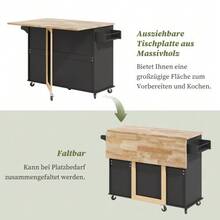 Mesa de cocina móvil grande de 137 x 43 (76) x 92 cm, encimera de roble, diseño plegable, armario multifuncional, 3 cajones, toallero, adecuada para cocina, comedor y hogar. - Negro - Ver 4