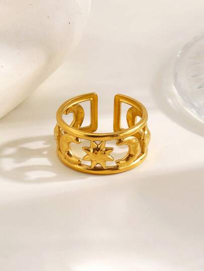 1pc Stainless Steel Minimalist Personalized Hiphop Sun & Moon Open Ring, Suitable For Women's Daily And Party Wear