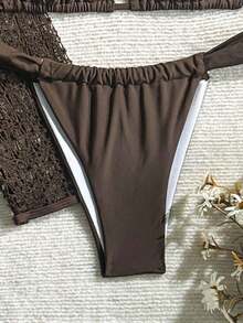 Conjunto de bikini de atar elegante y vintage de color marrón sólido para mujer, ideal para vacaciones y casual. Vestido con textura como cubierta de traje de baño, traje de baño para playa en primavera/verano - Café integral - Ver 6