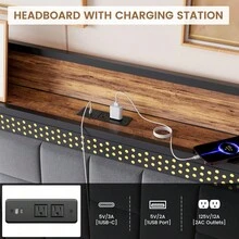 Modern Upholstered Platform Bed Frame With LED Headboard – Storage, Charging Station (USB & Type-C), Sturdy Metal, No Box Spring, Easy Assembly - Grey - View 4