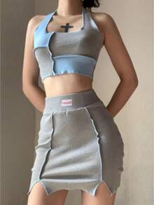 Women's 2 Piece Skirts Outfit Color Block Halter Crop Top And Mini Skirt Set Patchwork Inspired Ribbed Knit Bodycon Matching Set For Streetwear - Grey - View 1