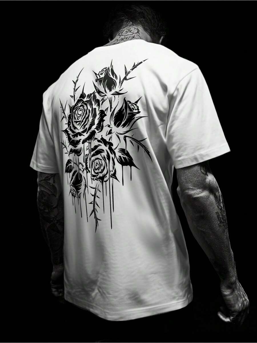 Set estivo da uomo 2026 Maglietta da uomo in stile gotico streetwear con stampa di rose spinose e filo spinato/rose - Vestibilità morbida - Scollo tondo - Top casual estivo in poliestere traspirante per stile gotico, punk, streetwear - Bianco - Visualizzare 1