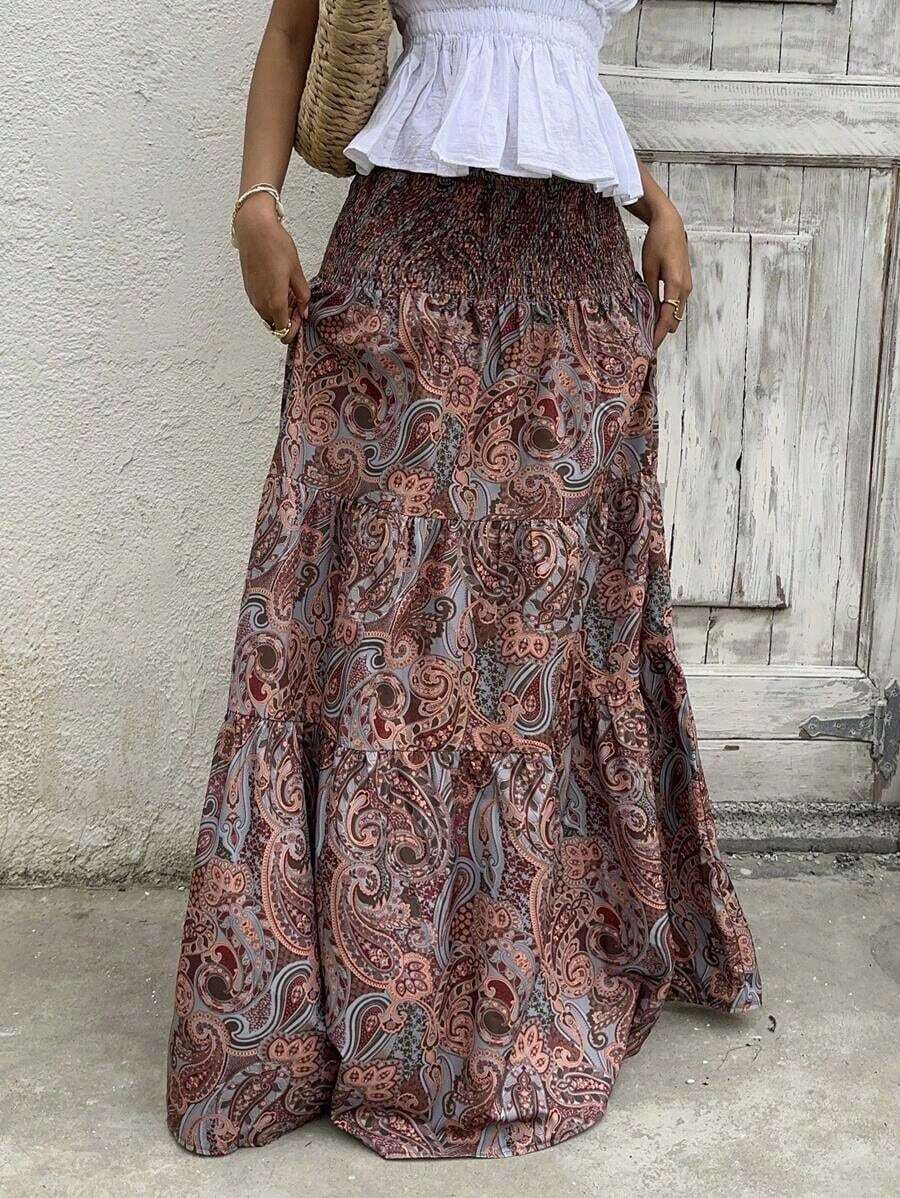 Women's Long Bohemian Print Skirt, Casual For Vacation And Everyday Wear, Spring/Summer - Brown Oxide - View 1
