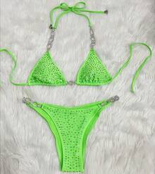 Bikini 2026 Nuevo Modelo Sexy con Rhinestone Dividido Traje de Baño de Mujer unicolor con Tirantes - Negro - Ver 10
