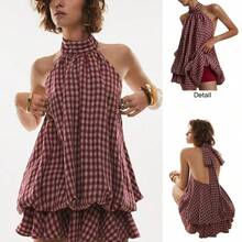 . .  Vestido corto de verano para mujer con cuello halter, espalda descubierta y volantes con estampado de cuadros - Rosa - Ver 2