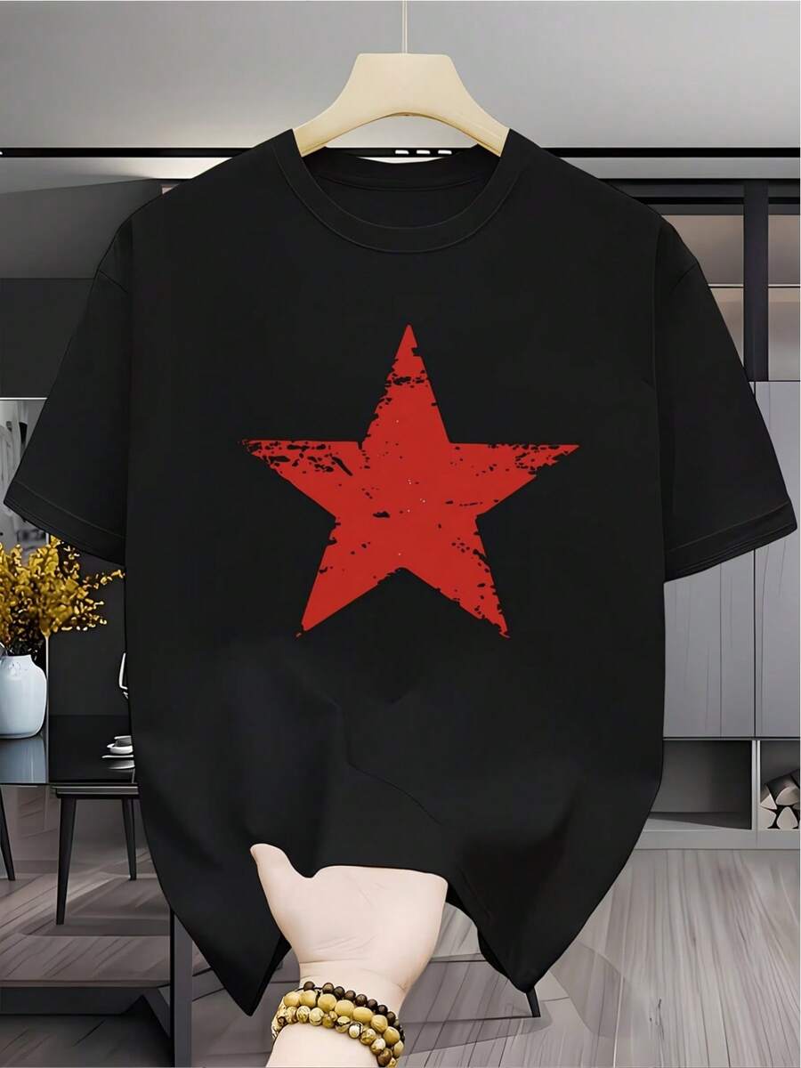 Camiseta de manga corta para hombre con estampado de pentagrama rojo vintage desgastado, estilo streetwear americano, top casual versátil y transpirable para el verano. - Negro - Ver 1