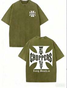 WEST COAST CHOPPERS Men's Retro Streetwear T-Shirt - 230g Washed Cotton, Double-Sided Print, Loose-Fitting Drop-Shoulder Short-Sleeved T-Shirt With A California Long Beach Graphic.Perfect For Casual Summer Wear And As A Gift.High-Quality Fabric, Versatile Printed T-Shirt. - 綠色 - 查看 12