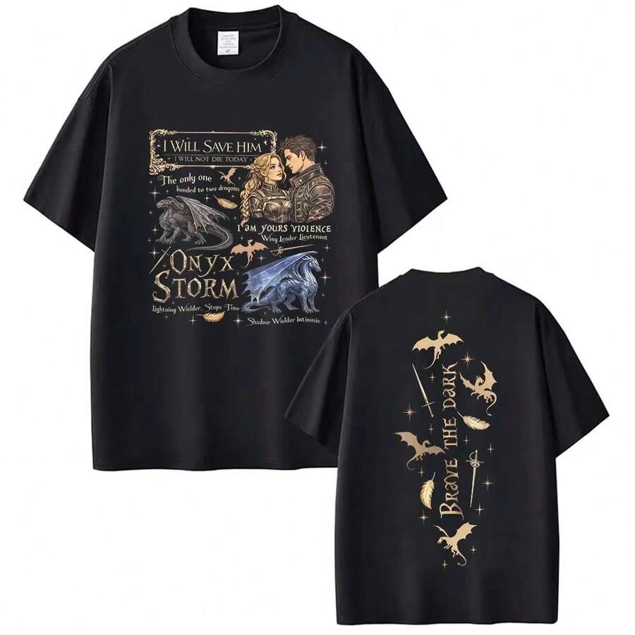 1 Stück, Vintage-T-Shirt aus reiner Baumwolle aus dem vierten Flügel des Basgiath-Colleges der Onyx Storm-Ära, für Fans von Dragon Rider Sommer.sommer - Schwarz - Übersicht 1