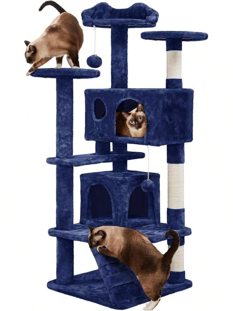 Dark Grey Multilevel Cat Tree Tower 138.5cm With Condos Ladder Scratching Posts Indoor Cat Climbing House Pet Activity Centre For Kittens - Navy Blue - View 10