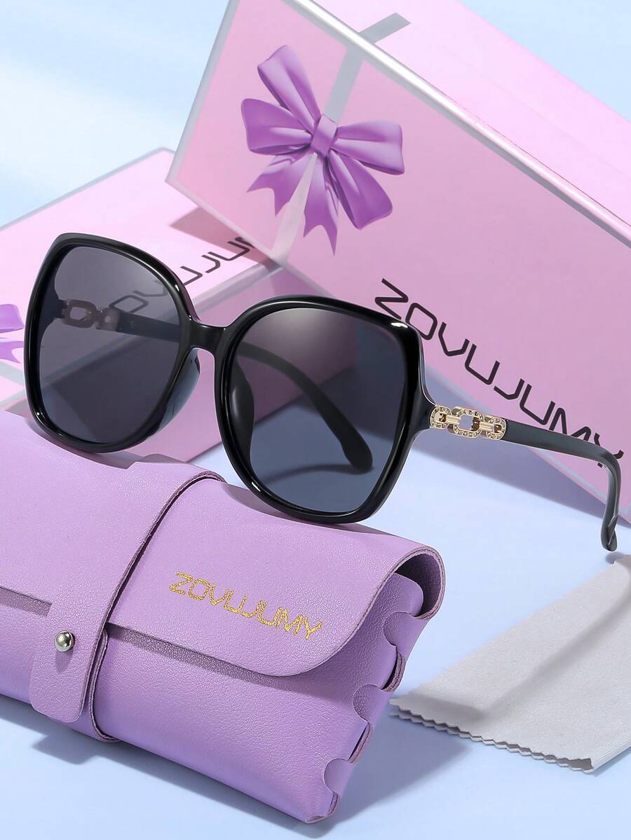 ZOVUJUMY Classic Black Frame Sunglasses, With Hoop Arm Design, Rhinestone Embellished, Versatile For Commuting And Driving, Large Frame Flatters Face Shape, Suitable For All Face Types - Multicolor - View 1