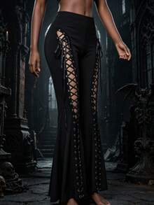 Gothic Lace Flared Pants Are A Must-Have For Women's High-Waisted Y2K Women's Retro And Sexy Slimming Pants In Fashionable OutfitsGothic Lace Bell Bottom Pants – High Waist Flare Pants With Cross Cutout, Sexy Clubwear Halloween Vampire Witchy Outfit, Festival Streetwear Fashion Must-Have - màu đen - Xem 4