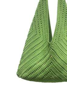 Dedoo French Style Large Opening Dumpling Shaped Crochet Bag, Presenting A Hollow V-Shape (Fishbone Pattern) Rhombus Grid Design. Minimalist Vacation Style Handbag, Suitable For Summer Beach Travel, Daily Commute, Shopping, And Dates. - Green - View 6