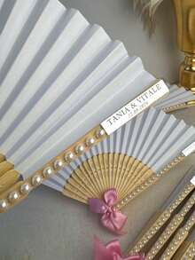 Personalized Wedding Fan With Pearl And Satin Ribbon - Customized Engraved Hand Fan As Bridesmaid Gift, Bridal Shower, Bachelorette Party Elegant Wedding Favor - Nhiều màu - Xem 6