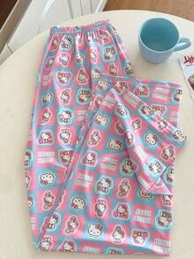 SANRIO 1pc Hello Kitty All-Over Print Casual Lounge Pants. Puzzle Plaid Letter Cat Pattern Pajama Pants. Suitable For Women In Spring, Autumn And Winter. Loose And Casual, Can Be Worn At Home Or Outdoors. - Pink - View 4