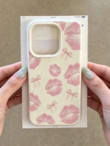 Luxury White & Pink Lip Print Bow Design Shock-Proof Full Coverage Phone Case, White Pebbled Texture TPU Protective Phone Case Compatible With IPhone 17, 17 Pro, 17 Pro Max, 16 Pro Max, 16, 15, 14, 13, 12, 11 And Series, Birthday Gift Spring Edition - Beige - View 6