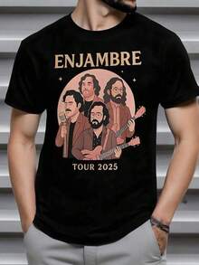 Artistic Portrait Of The Band Enjambre With Four Musicians Holding Instruments In Warm Tones And A Circular Background With Stars That Conveys Concert Energy And Passion For Music. Perfect For Fans And Collectors. Men's T-Shirt, 100% Cotton, 220g - 黑色 - 查看 1