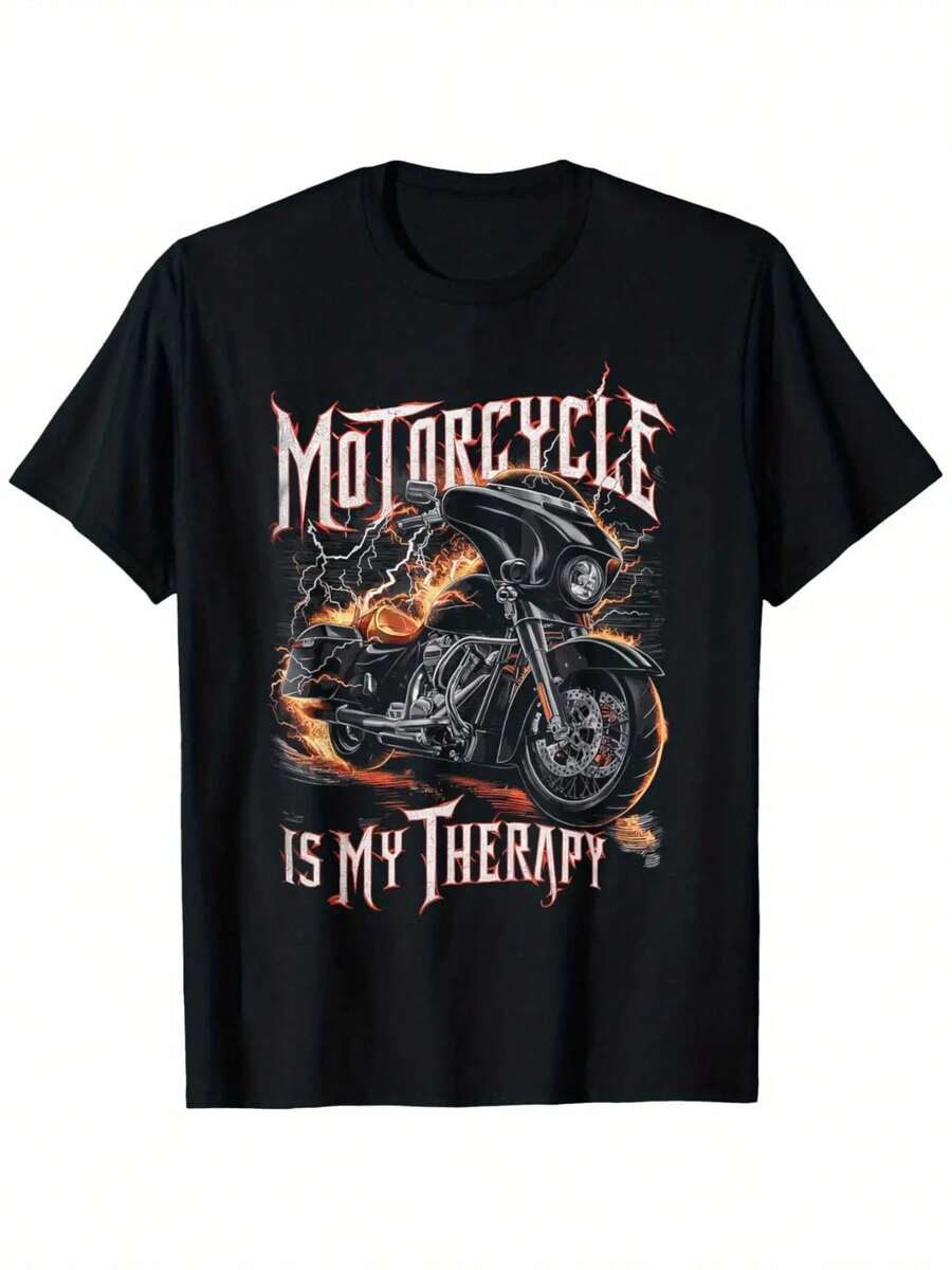 Camiseta Gráfica de Motocicleta para Hombre - Diseño Atrevido "Las Motocicletas Son Mi Terapia" con Llamas, Regalo para Motociclistas (Día del Padre, Navidad, Pascua) - Ropa Casual de Motocicleta para Todas las Temporadas, Estilo de Vida Motociclista, Esencial para Entusiastas de las Motos, Camiseta Negra Oversize - Inspirada en el Estilo de  / Latino Street / Look Diario - Negro - Ver 1