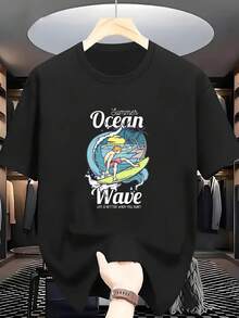 Camiseta de manga corta de algodón 100% para hombre, talla grande, cuello redondo, estilo casual de verano, ideal para la playa o para practicar surf. Camiseta cómoda y lavable a máquina, apta para tallas grandes. - Negro - Ver 1