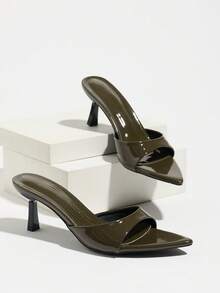 Giày sandal mule nữ bề mặt gương, eo thắt, mùa xuân/hè, đi hộp đêm tiệc tối tiệc chiêu đãi mua sắm hẹn hò đi làm sàn diễn sân khấu đám cưới ở nhà thường ngày, sandal cao gót gót nhọn mũi nhọn một quai eo thắt, chất liệu vải gương mềm cao cấp, xỏ chân, giày nữ màu xanh quân đội thanh lịch và tinh tế, sandal cao gót thời trang thanh lịch - xanh quân đội - Xem 7