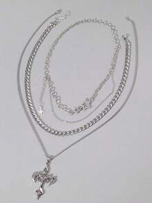 Set de 3 collares de acero inoxidable con estilo gótico vintage, con cruces, estrellas y meteoros de cristal, collar de estilo punk para mujeres - Plateado - Ver 3