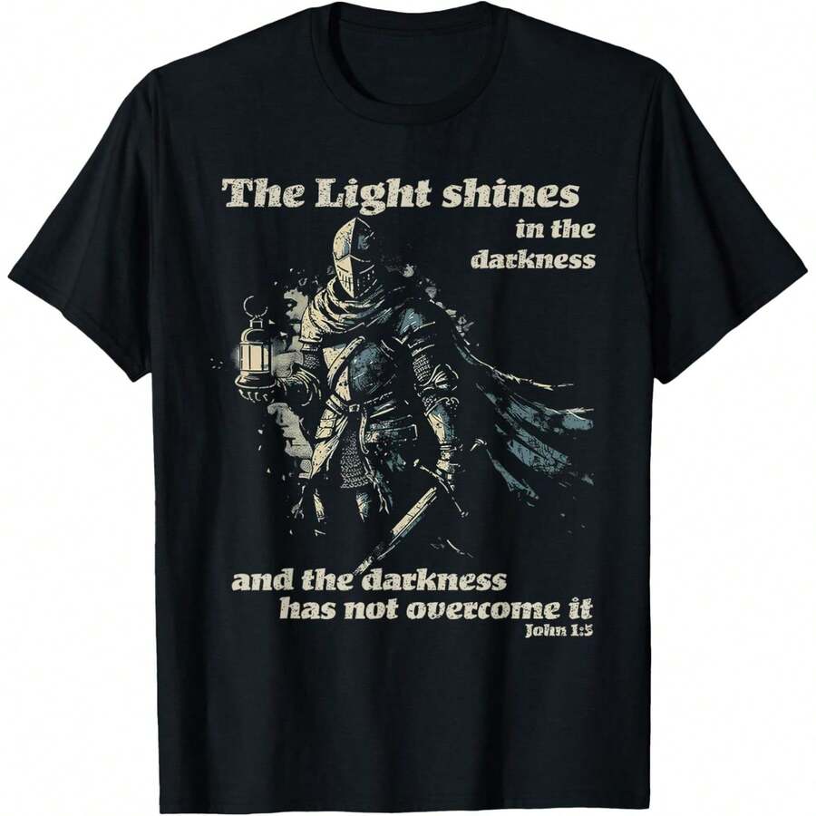 The Light Shines In The Darkness Gothic Knight Design T-Shirt - Black - View 1
