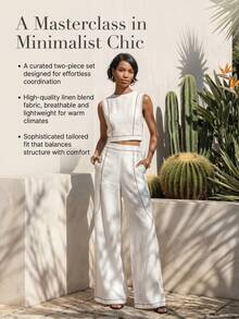 Women's Modest Boho Two-Piece Outfit Sleeveless Round Neck Cropped Blouse  Long Wide Leg Pants With Contrast Piping In Woven Fabric For Spring Outings - White - View 10