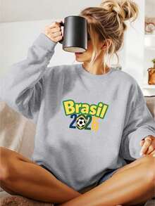 Women's Casual Crew Neck Sweatshirt With Brazil 2026 Football Print, Versatile Long-Sleeved Crew Neck Top, Machine Washable, Suitable For All Seasons, Women's Clothing, Cheapest, World Cup And Elections - 灰色 - 查看 3