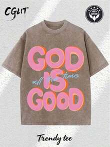 1 X 230g Pure Cotton Washed T-Shirt, Men's Casual Fashion, With 'GOD IS GOOD All The Time' Print, Outdoor Sports T-Shirt. | Loose Fit | Soft Knit T-Shirt | Loose Fit | Casual Holiday Wear 180g 100% Cotton - 棕色 - 查看 1