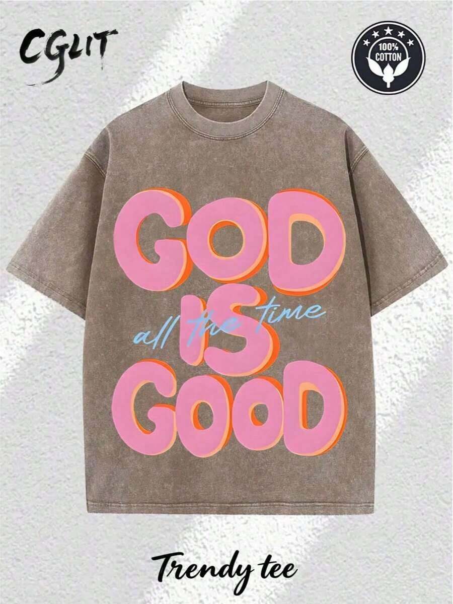 1 X 230g Pure Cotton Washed T-Shirt, Men's Casual Fashion, With 'GOD IS GOOD All The Time' Print, Outdoor Sports T-Shirt. | Loose Fit | Soft Knit T-Shirt | Loose Fit | Casual Holiday Wear 180g 100% Cotton - 棕色 - 查看 1