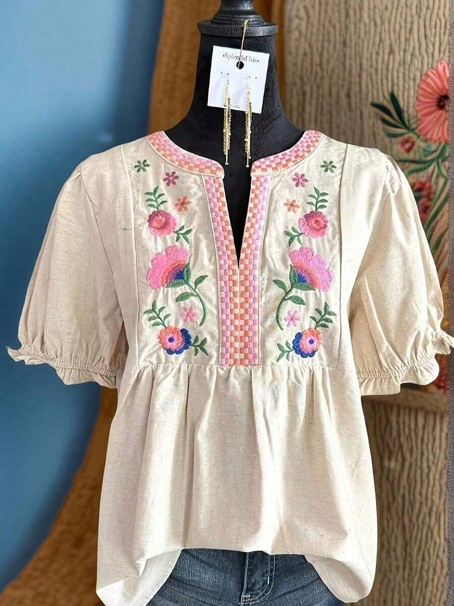 Floral Embroidered Cuff Short Sleeve Top, Vacation Style, Summer Fashion, Retro Style, Vneck Top, Soft Texture, Delicate Embroidery, Embroidered Blouse, Pullover Shirt, Women - 米色 - 查看 1