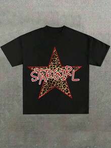 Camiseta Negra Clásica de Cuello Redondo para Hombre, Diseño Gráfico Leopard Star STARGIRL, 100% Algodón, 220g, Corte Clásico, Casual de Verano - Negro - Ver 9