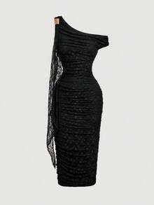 Vestido de verano elegante con estampado floral, cuello asimétrico con volantes y ajustado para vacaciones - Negro - Ver 1