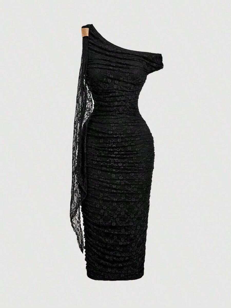 Vestido de verano elegante con estampado floral, cuello asimétrico con volantes y ajustado para vacaciones - Negro - Ver 1