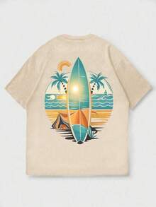 Coastal | Men's Short-Sleeved T-Shirt, Casual Vacation Style, With A Print Of Surf Illustrations And California Coastal Elements. | Suitable For Summer Wear | Comfortable And Breathable | Cutting-Edge Fashion - 杏色 - 查看 4