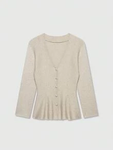 V-Neck Long Sleeve Knit Cardigan With Skirt Hem - Light Khaki - View 7
