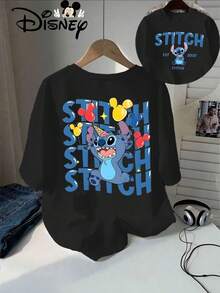 Disney Stitch Cartoon And Mickey Head Design | Colorful Balloons And Text "Est 2002", Elegant Summer Women's Casual T-Shirt With Print - 黑色 - 查看 5