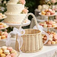 Wicker Flower Girl Baskets With Bows Rustic Pearl Willow Wedding Baskets For Party Banquet Ceremony Decoration - White - View 1