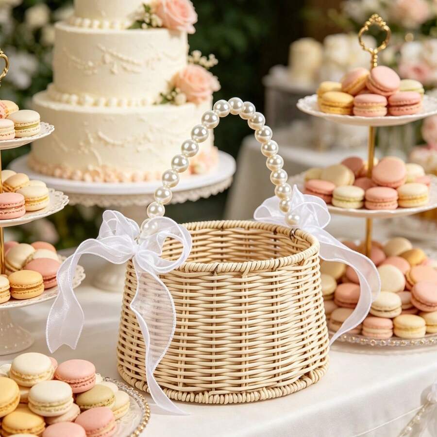 Wicker Flower Girl Baskets With Bows Rustic Pearl Willow Wedding Baskets For Party Banquet Ceremony Decoration - White - View 1