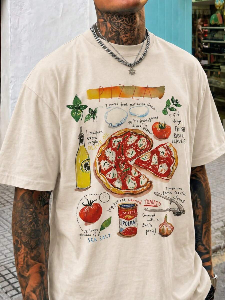 Fractyr 男款披薩食譜印花寬鬆版型 T-shirt,柔軟觸感杏色休閒街頭風,復古美食藝術圖案 - 杏色 - 查看 1