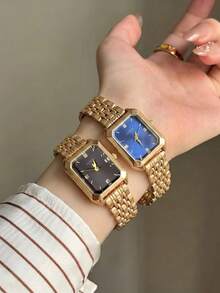 2Pcs Women's Gold Tone Square Watches, Crystal Accented Dials, Polished Metal Bracelet Bands, Elegant Casual Quartz Wristwatches, Perfect Valentine's Day & Birthday Gift - Multicolor - View 3