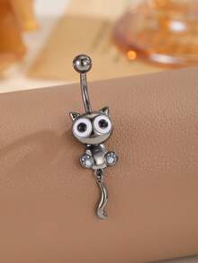 1pc Cute Big-Eyed Cartoon Cat Pendant Navel Ring, Stainless Steel Piercing Jewelry Suitable For Daily Wear And Summer Gift - Cat - View 2