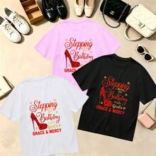 Choose One Of The Three Sets Women's T-Shirt Retro, Vintage, Streetwear, Summer Vibes, Casual Crewneck, Short Sleeve Top, 100% Cotton, Oversized, Soft Breathable, Stepping Into Birthday With Gods Grace & Mercy, Religious Gift For Women - 粉色 - 查看 9