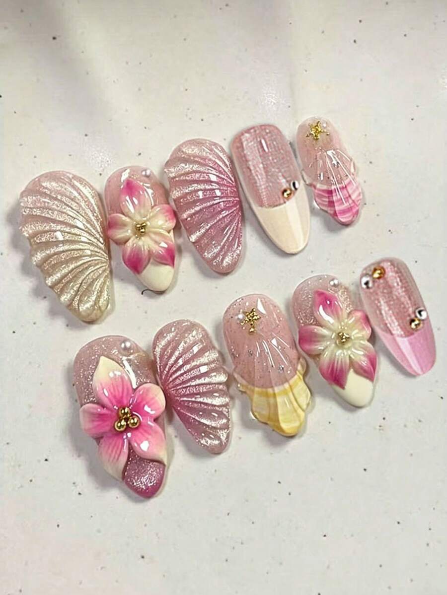 10片中长款粉色3D美人鱼贝壳美甲贴纸，饰有3D花朵珍珠水晶，可重复使用，闪亮渐变花仙子美甲，适合女性和女孩日常、海滩、派对、音乐节等场合。 - 彩色 - 查看 1
