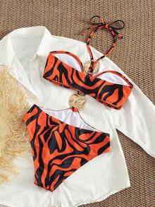 Traje de baño de una pieza elegante y refinado con estampado de patrones de primavera/verano, accesorios metálicos y correas en el cuello para mujer - Blanco y Negro - Ver 8