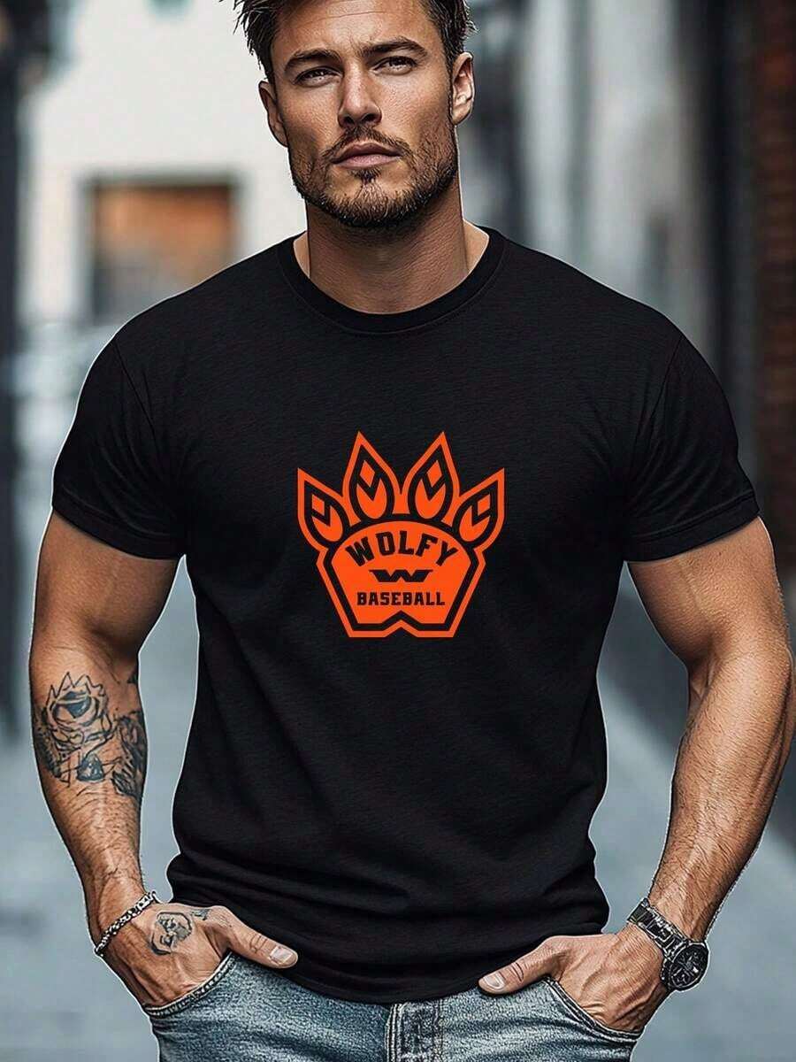 Camiseta de hombre de talla grande, relajada y casual, sencilla y limpia, con el logotipo de WOLFY BASEBALL, camiseta de verano casual de cuello redondo y manga corta. - Negro - Ver 1