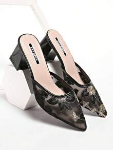 New Chinese Style White High Heel Mules, Pointed Toe Lace Embroidery Convertible Sandals For Women - Black - View 5